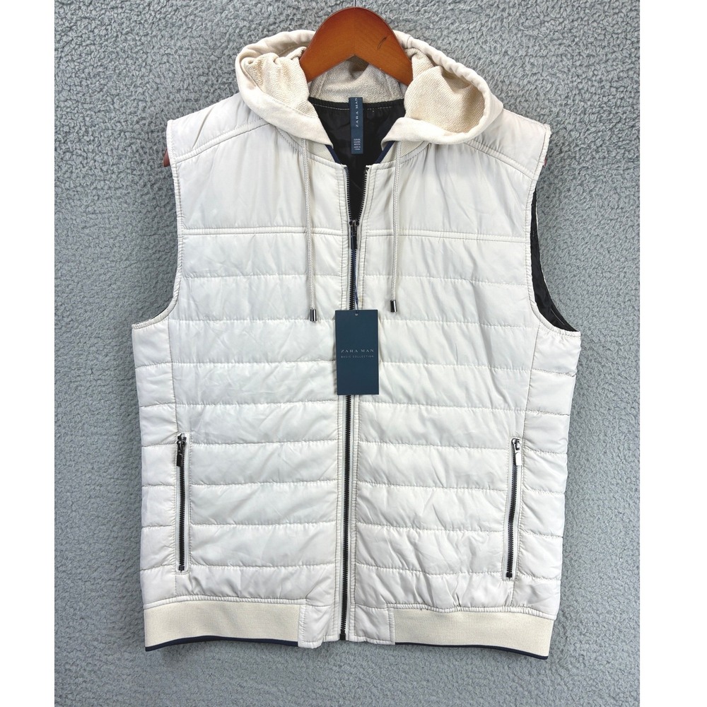 Zara Man Quilted Puffer Vest Mens 2XL Cream Hooded Sleeveless Jacket Casual NWT